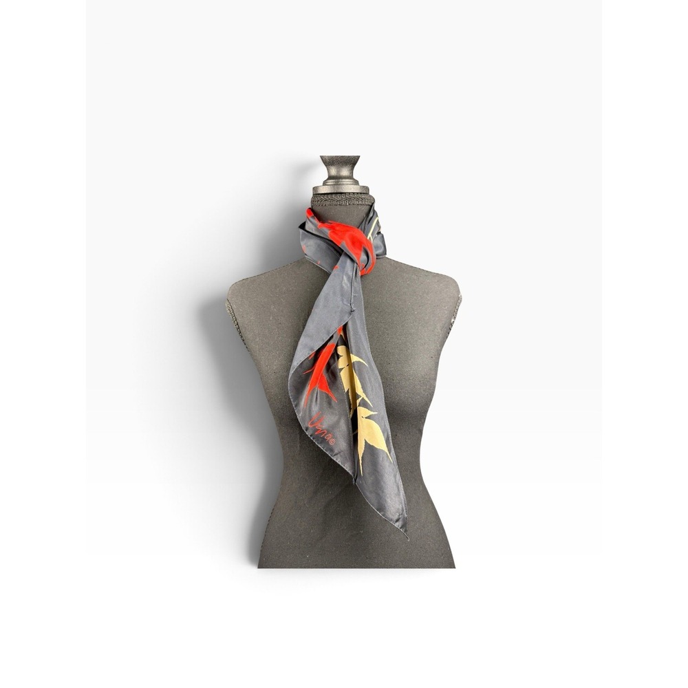 Vera Neumann Vintage Silk Scarf Gray Red Tan Maple Leaf Botanical Print - Picture 6 of 15